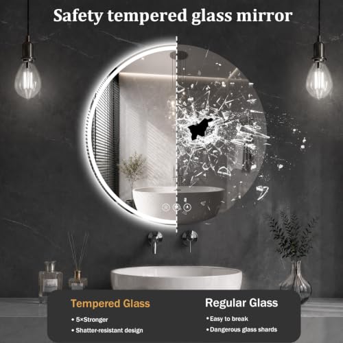 Round LED Bathroom Mirror, 24 Inch, HD Shatterproof Tempered Glass - image 7