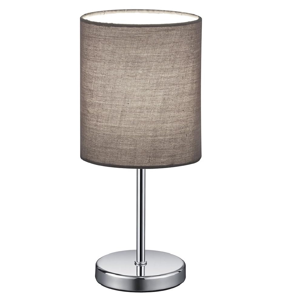 Britalia Polished Chrome Slimline Metal Stem Table Desk Lamp with Grey Fabric Cylinder Drum Shade | 28cm Height | 1 x SES E14 Lamp Bulb Required | UK Approved | Sleek & Simplistic Design