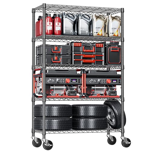 IZEUK-5-Tier-Storage-Shelving-Unit-with-Wheels-Adjustable-Heavy-Duty-Steel-Wire-Rack-Organizer-Black-177-D-x-472-W-x-767-H-1750-lbs-Capacity-for-Garage-Kitchen-Office-Laundry-Basement
