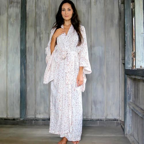 NOVICA Artisan Handmade Batik Robe Fair Trade Floral Patterned Women's from Indonesia Rayon Clothing Beige ' Bali Arabesques' - Image 5