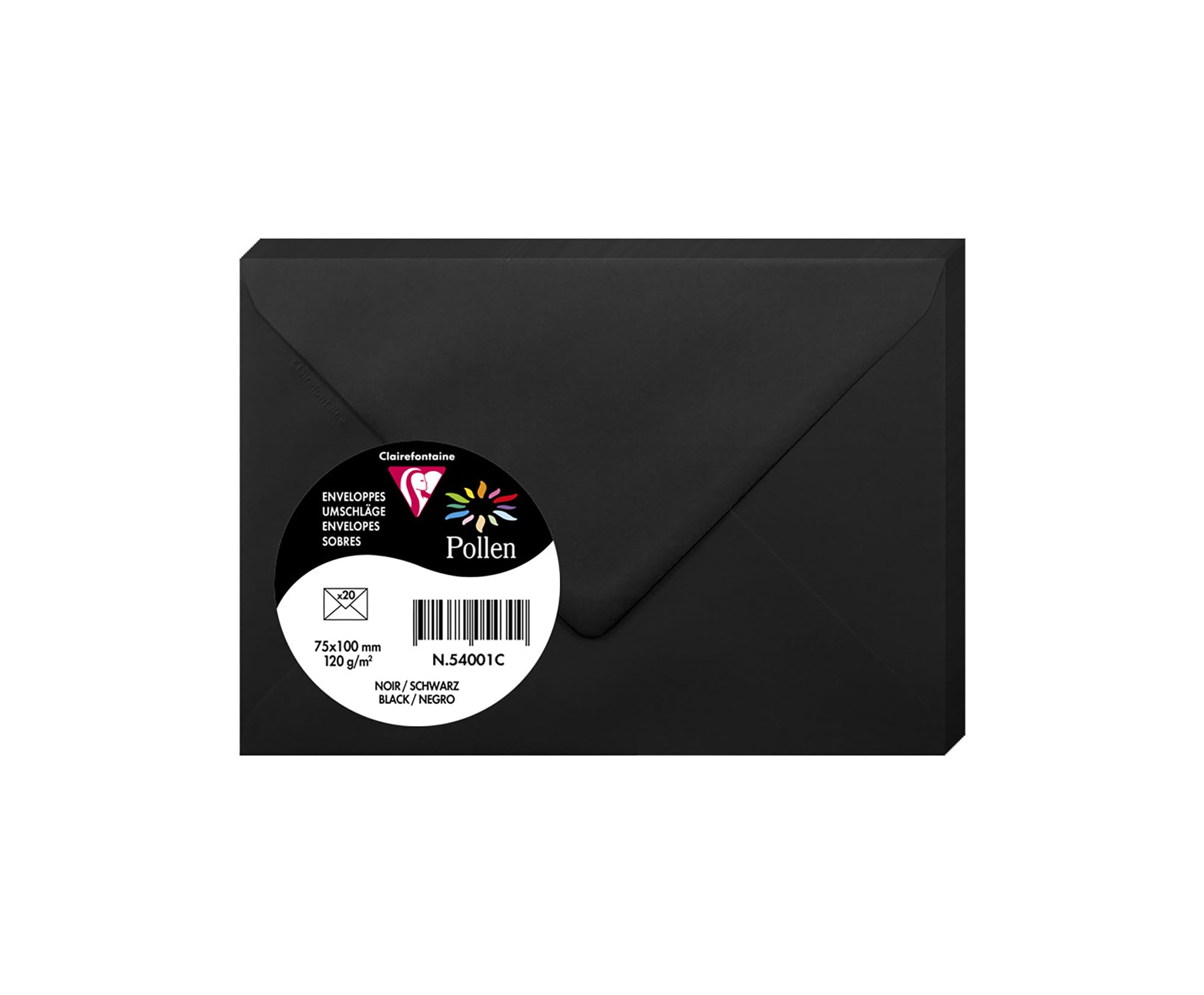 Clairefontaine 54001C Pack of 20 Gummed Envelopes Format 7,5x10cm 120g/m² Black Invitation Events and Correspondence - Range Pollen - Premium Smooth Paper