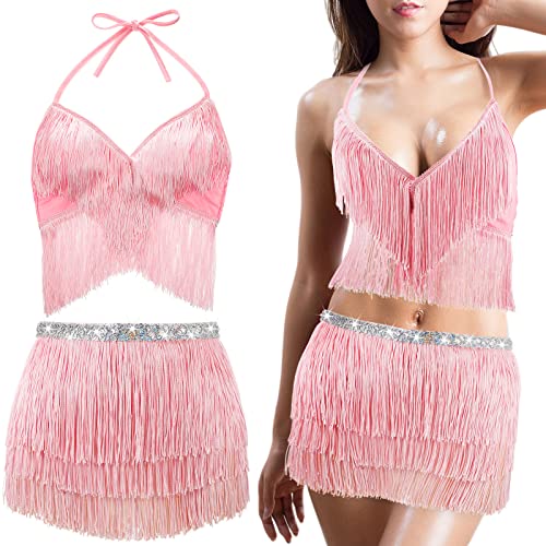 2 Pieces Sequin Tassel Skirts with Bra Belly Dance Hip Skirt Tassel Fringe Skirt Pink Tassel Skirt Adjustable Festival Rave Outfit Party Club Belly Dance Costume for Women Girls