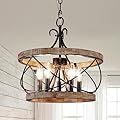 Dawn Whisper 15.7" Farmhouse Chandelier, 5-Light Rustic Drum Chandelier Light Fixture Over Table, Hanging Lamp,Wood Chandelier for Dining Room, Kitchen