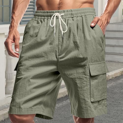 Image of Mens Linen Shorts Casual Drawstring Elastic Waist Cargo Vacation Lightweight Breathable Summer Beach Shorts for Men