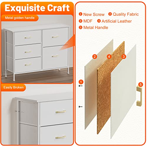 Yilqqper Dresser For Bedroom With 5 Drawers, Tv Stand, White Dresser For Closet Organizers And Storage, Living Room, Hallway, Wide Dresser With Fabric Bins, Leather Finish, Wood Top (Glacier White) #TOP4