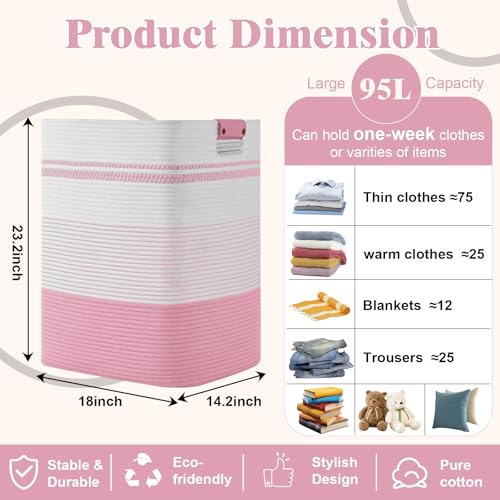 Image of Laundry Hamper, 95L Tall Laundry Basket with Leather Handles, Rectangle Large Clothes Hamper for Organizing, Cotton Woven Laundry Baskets Storage Hampers for Bedroom, Nursery, Living Room
