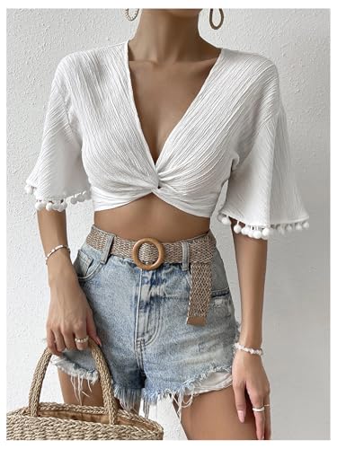 SweatyRocks Women's V Neck Crop Tops Twist Front Short Sleeve Shirts Vacation Beach Blouses3