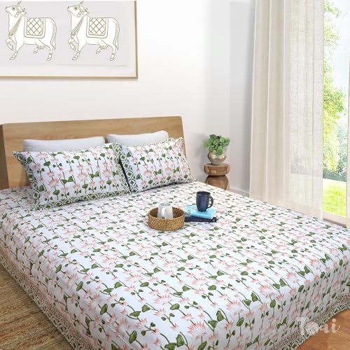 Image of TOAI Hand Block Printed Bedsheet | Bed Spread Flatsheet Bed Sheet | Pure Cotton | Double Bed Queen Size 90 inchx108 inch | 300 TC Long Staple Cotton | 2 Reversible Pillow Covers |Orange Pink Lotus Vines