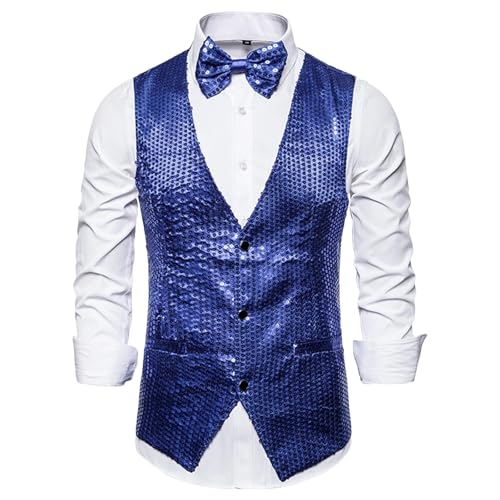 Mens Sequin Vest with Bowtie V-Neck Shiny Dress Waistcoat for Wedding Party Groom Best Man Host Stage Performance