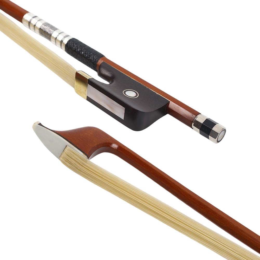 1/4 Cello Bow Brazilwood with Silver-Threaded Black Leather Ebony Double-Eyed Inlay Professional Grade for beginner Balanced & Responsive for Clear Sound