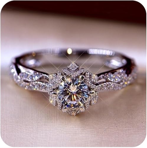 FUELEGO Anillo de circonita para mujeres y niñas, elegante flor hueca de circón, joyería de moda, regalos de cumpleaños para damas