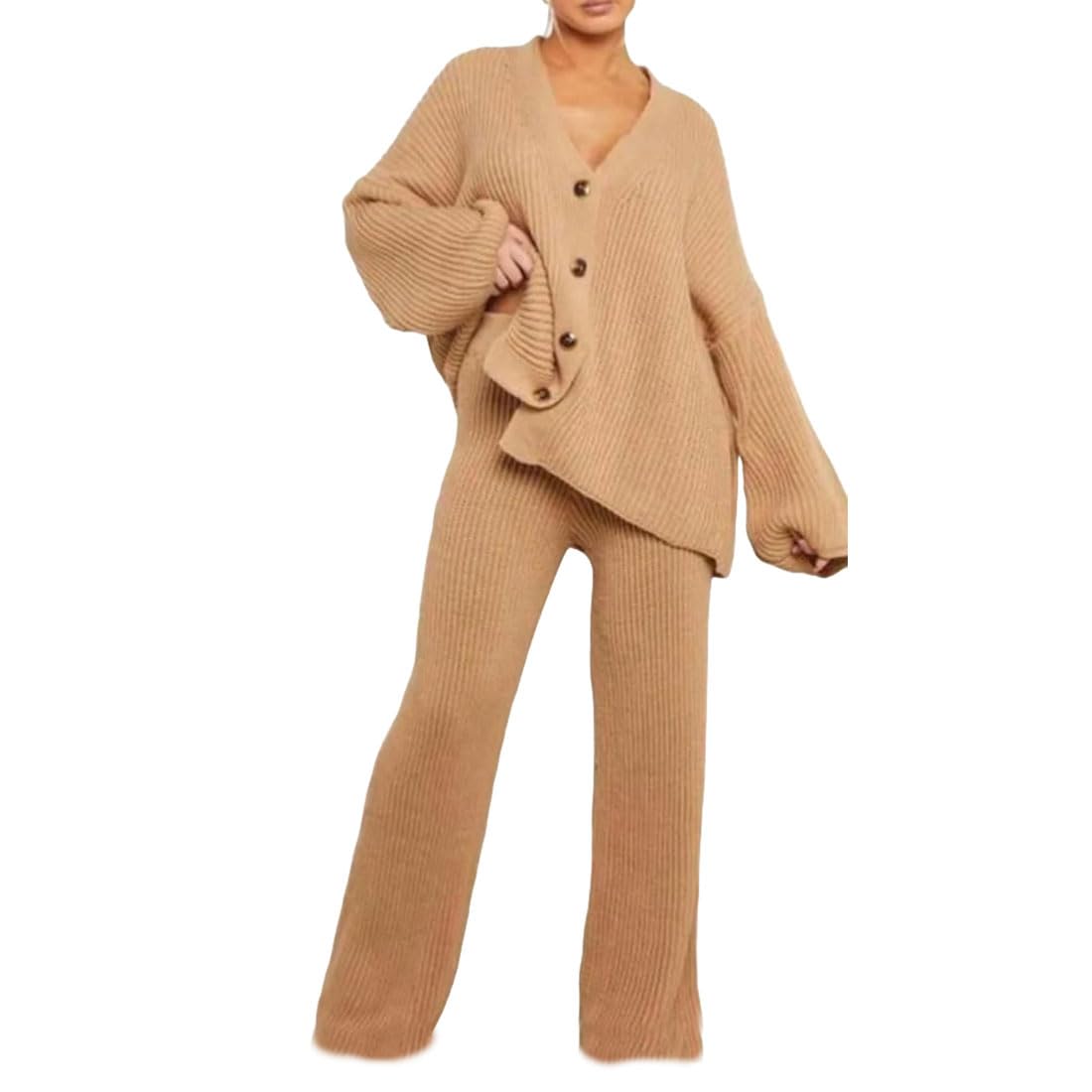 StyleWear Ladies Long Sleeve V-Neck Cardigan With Flared Trouser Lounge Wear Set Womens Ribbed Knitted Front Buttons Sweater And Palazzo Co-ord Tracksuit