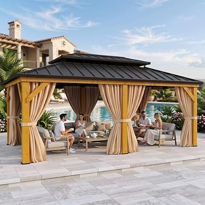 YITAHOME 12x20 Outdoor Wooden Gazebo Heavy Duty Double Roof Hardtop