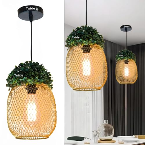 Image of Metal Golden Green Grass Pineapple Shape Hanging Light, Ceiling Light for Home Decor, Pendant Light for Resataurant, Cafe, Balcony, Garden, Kitchens (E27 Bulb Base) (Pineapple) (Without Bulb)