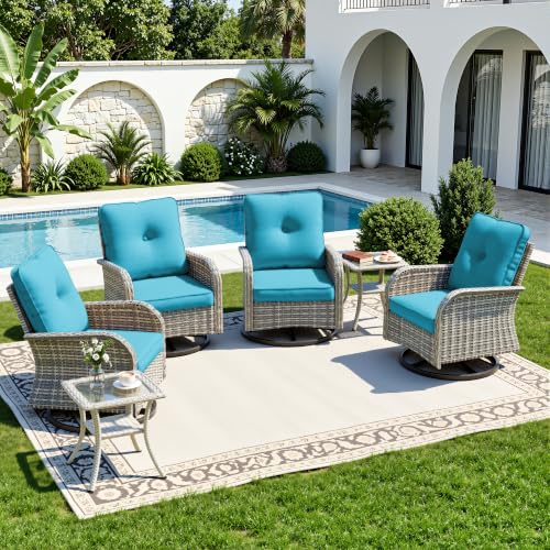 Image of 6-Piece Small Patio Furniture Set, Outdoor Swivel Rocking Chairs Set with Wicker Chairs and Tempered Glass Side Table, Outdoor Furniture Patio Bistro Set for Balcony, Deck, Porch