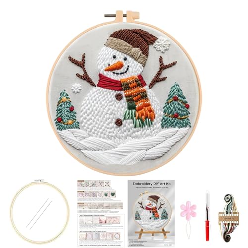 Image of Huacan Embroidery Kits for Adults Beginner DIY Cross Stitch Stamped Christmas Pattern Stitching Sewing Kit 1 Piece 7.8 x 7.8 Inch (Snowman)