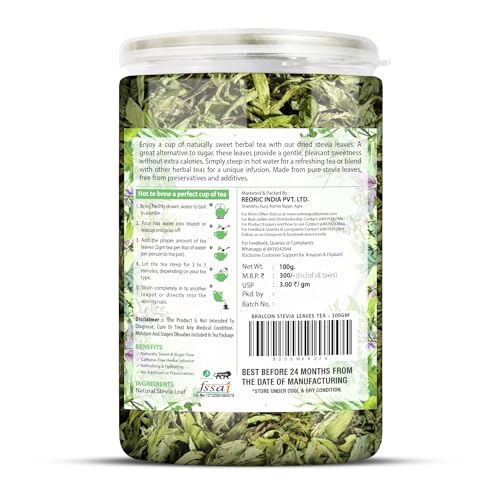 Image of BRALCON Sugarfree Sweetener - 100% Pure Stevia Leaves Extract - Natural Stevia Dry Leaves 100gm - Zero Calorie Sugar Substitute