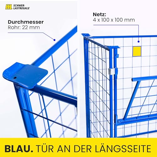 HHL Euro-Gitterbox mit klappe | Gitteraufsatzrahmen H1200 x B1200 x L800mm für aufbewahrung| Faltbarer Gitterrahmen für Euro-palette | Gitterbehälter aus Stahl | Gitterboxen für Holz, Lager | Blau