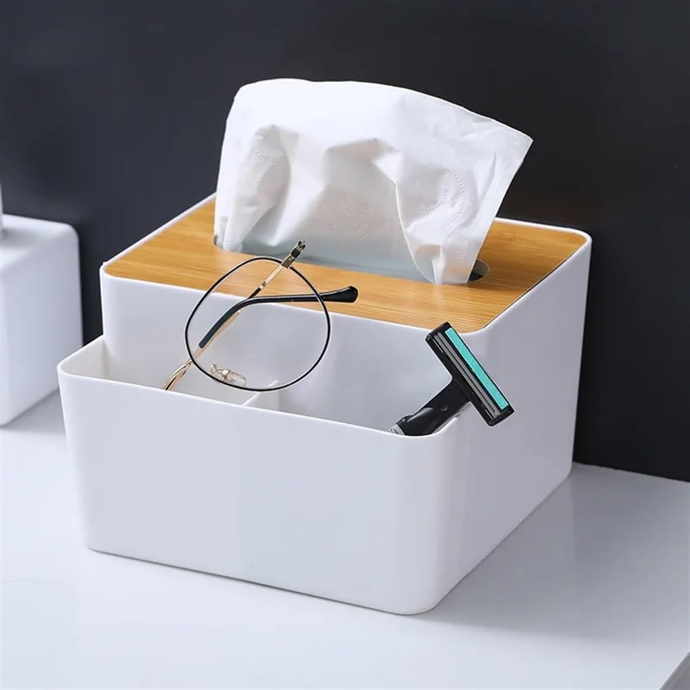 Tissue box holder,tissue dispenser,Plastic Tissue Box Wooden Lid Round/Square Napkin Holder Container Wet Tissue Paper Dispenser Case Home Car Organizer(Square)