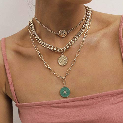 Preisvergleich Produktbild Sethain Punk-Choker-Halskette mit goldenem Münzanhänger, mehrschichtige Stern-Halsketten, Schmuck für Frauen und Mädchen
