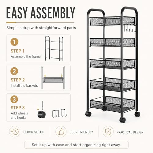 5-Tier Slim Rolling Storage Cart for Narrow Spaces, Bathroom Kitchen Laundry Room Organizer with Locking Wheels, 4 Side Hooks, Rustproof Waterproof Metal Utility Cart, Black by ActiveTrail - Image 9