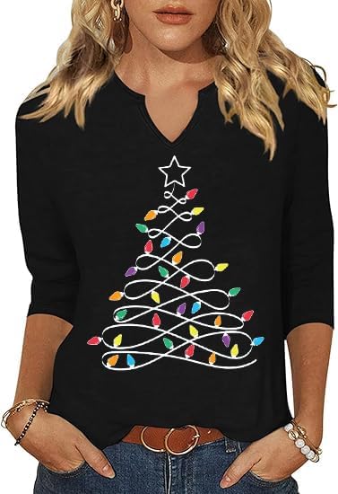 3/4 Sleeve V-Neck Merry Christmas Shirt for Women Xmas Cute Tree Graphic Blouse Indoor Casual Festival Tops New Year Tee