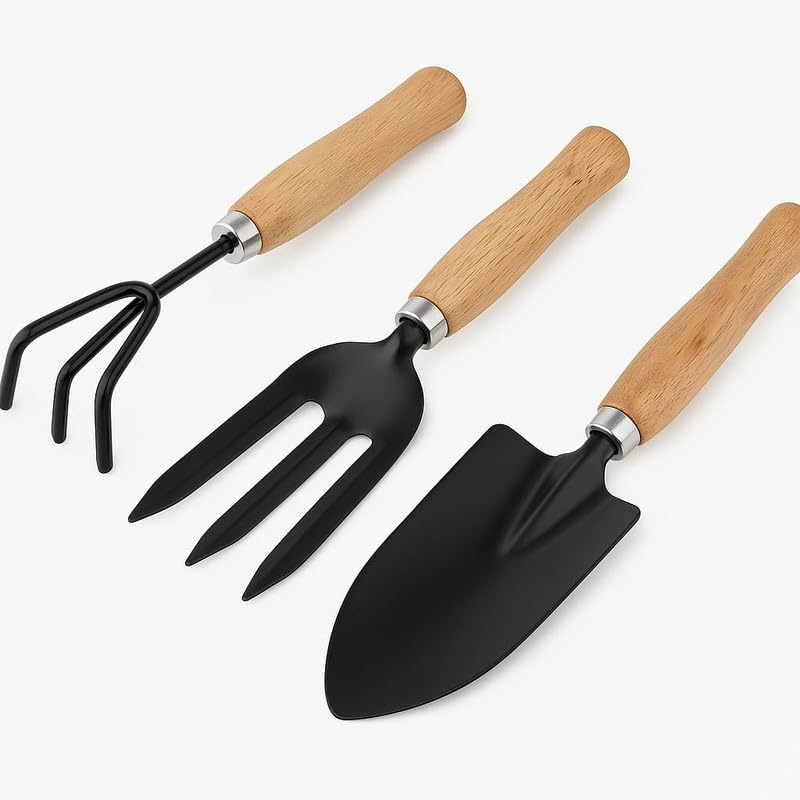 3-Piece Gardening Tools Kit for Home (Wooden Handle Cultivator,Fo...