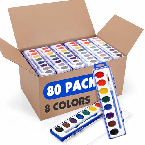 80 Pack Watercolor Paint Set Bulk 8 Colors Water Color Paint Set for kids with Paintbrush.Washable Watercolors Paint for Parties Birthday Party Favor Valentines for kids Art Supplies and Classroom