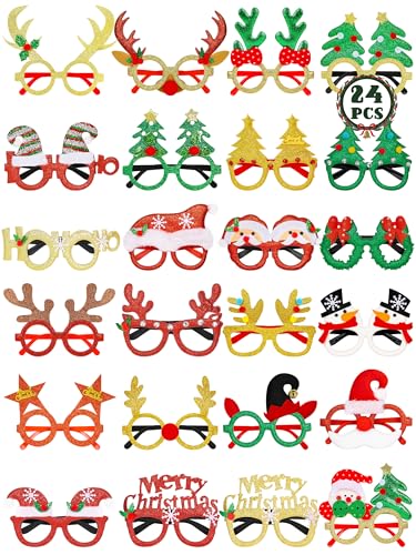 HOVACY 24 Pcs Christmas Glasses, Christmas Accessories, Xmas Decorations for Women, Santa Glasses Frames for Christmas Party Favors
