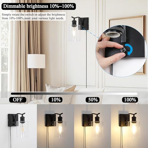 Image of Set of 2 Plug in Black Wall Sconces,Farmhouse Bathroom Wall Mount Light,Vanity Lighting Fixtures with Seeded Glass Shade,Indoor Metal Wall Lamp for Living Room Bedroom Kitchen Hallway