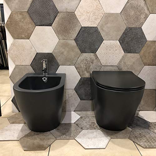 Coppia Sanitari A Terra Colore Nero Opaco Vaso Con Coprivaso SOFT-CLOSE + Bidet Serie Tonda Curva Tecnica E Fissaggi Inclusi - 2