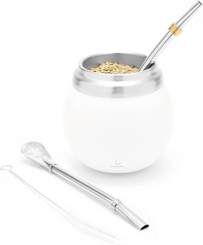BALIBETOV Yerba Mate Kit - Includes Yerba Mate Cup and Bombilla Set - Stainless Steel Double Wall Thermal Gourd and Bombilla Set - Easy to clean and maintain (White)