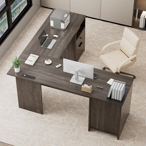 MU L Shaped Desk with File Drawer, 60 Inch Corner Desk with Storage Drawers & Cabinet, Large Home...