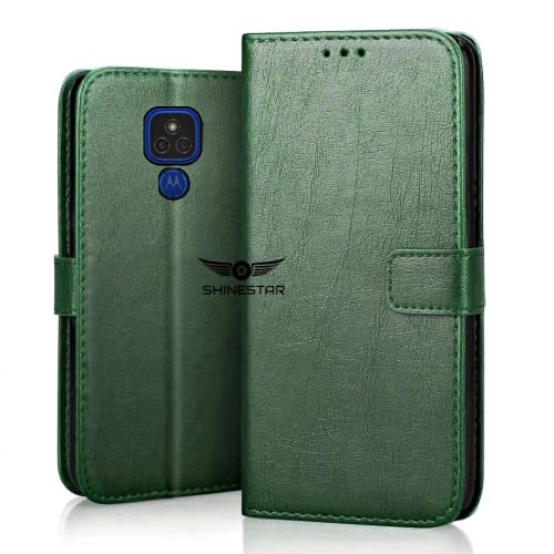 Image of SHINESTAR Motorola E7 Plus /Moto G9 Flip Back Cover | PU Leather Flip Cover Wallet Case with TPU Silicone Case Back Cover for Motorola Moto E7 Plus /Moto G9 - Unique Green