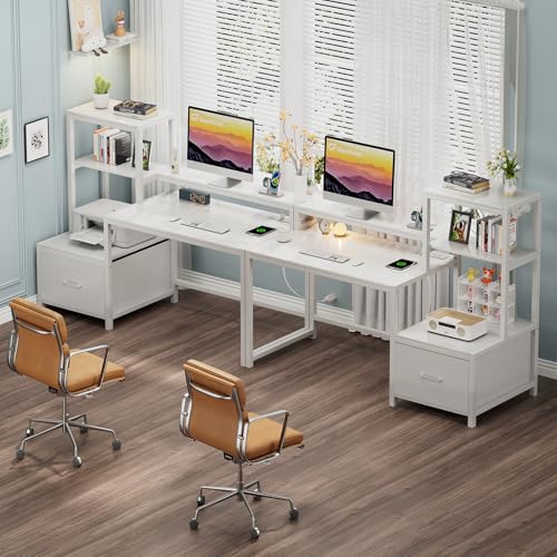 Image of GreenForest Computer Desk with Drawers and Monitor Stand, Home Office Desk with Storage Shelves, Small Gaming Desk with Power Outlets and LED Lights for Study Writing Working, 51 inch White