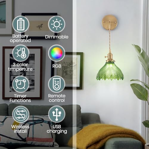 Image of Battery Operated Wall Sconce Set of 2, Rechargeable Battery-Powered Wall Light with Green Glass Lampshade,Wireless Indoor Wall Lamp with Remote Control for Living Room Bedroom