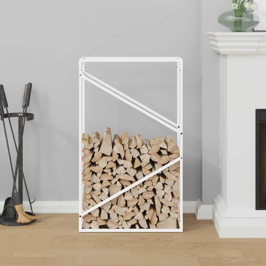 Estantería para leña blanca de acero laminado en frío, 60 x 25 x 100 cm, soporte para leña para interior, salón, terraza, almacenamiento de leña y troncos, resistente y ahorra espacio