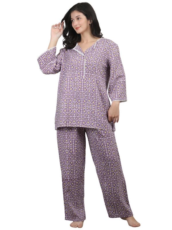 amar creation Womens Rayon Printed Purple Night Suit Top and Pajama Set | Soft Viscose Rayon Sleepwear | V Neck with Button Placket | 3/4th Sleeves | Comfortable Loungewear-picture-11