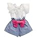 Produktbild Sunday Mädchen Lace T-Shirt + Streifen Shorts Set Kleidung Anzug kurzer Arm Shirt Baby Kleider Spitze Bowknot Kurzarm (Weiß, Alter: 5-6J)