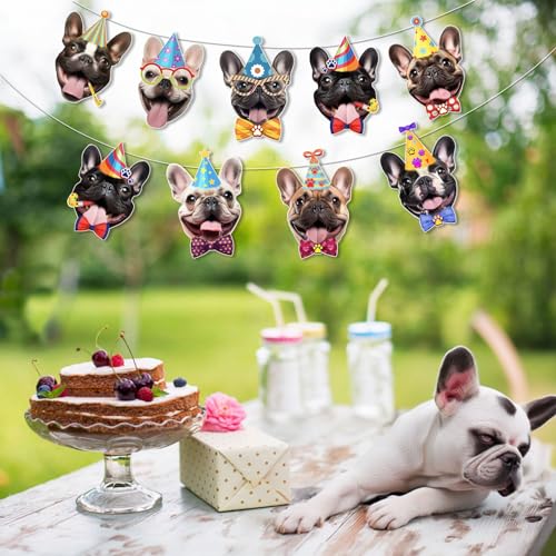 Image of French Bulldog Birthday Garland - Photographic Frenchie Faces Birthday Banner, Funny French Bulldog Bday Party Decoration for Frenchie Lovers, Easy Assembly