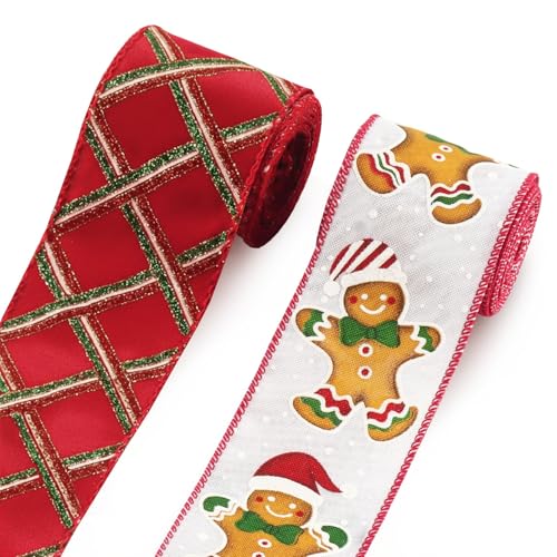 Threetols 2 Rolls 10 Yards Christmas Wired Edge Ribbons 2.5inch Glitter Red Green White Stripe Velvet Ribbons Gingerbread Ribbon for Winter Xmas Party DIY Craft Wreath Bow Decor