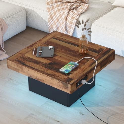P PURLOVE Square Coffee Table with LED Light,Wood Coffee Table with 2 USB Ports and Outlets,Living Room Center Table Tea Table for Living Room