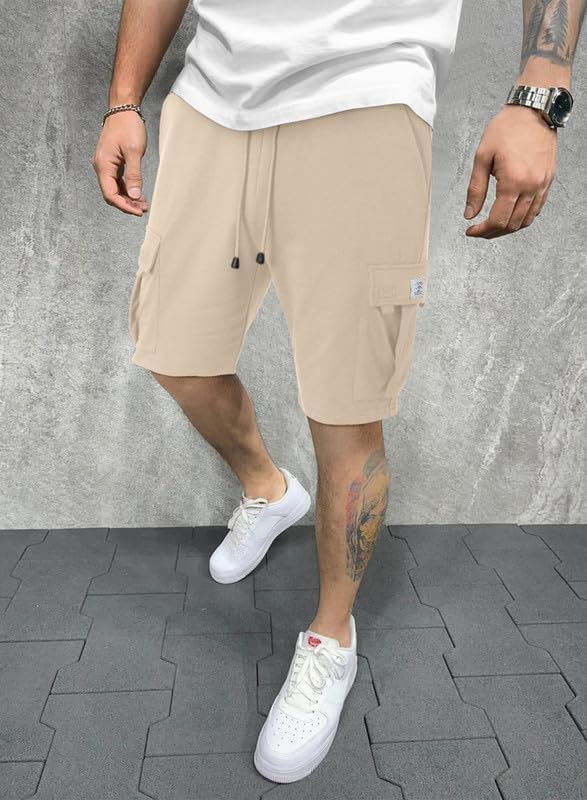 Image of Q - RIOUS Mens Casual Sweat Cargo Cotton Shorts Drawstring Elastic Waist Athletic Workout Gym Jogger Shorts with 5 Pockets