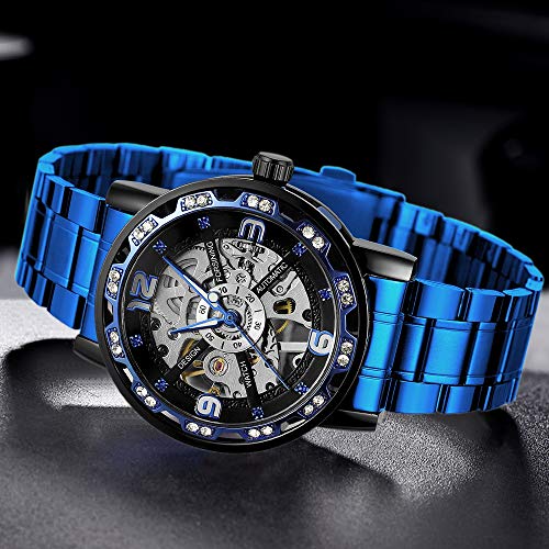 Bosni Steampunk Mens Watch Luxury Blue Skeleton Stainless Steel Hand-Winding Classic Mechanical Wrist Watch Diamond Design S1089-Black Blue #TOP1