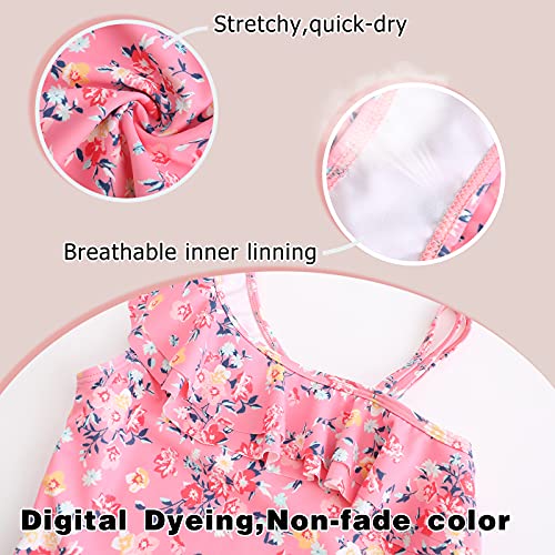 Image of Girls One Piece Swimsuits One Shoulder Ruffle Bathing Suit Kids Hawaiian Floral Swimwear 3-16 Years