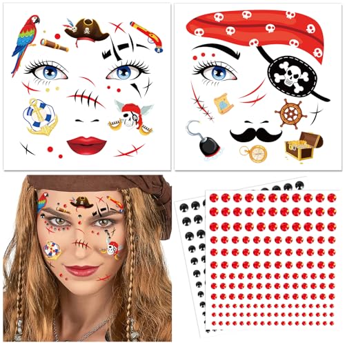 DPKOW Pirata tatuagens rosto carnaval pirata acessórios de disfarces, pirata tatuagens temporárias pedras glitter rosto maquilhagem pirata crianças Halloween tatuagem rosto carnaval disfarces