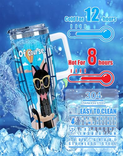 Tumbler with Handle 40 oz, Tumbler with Lid and Straw, Insulated Stainless Steel Travel Mug, No Leak Tumbler, Suit For Cupholder Friendly, Keeps Cold And Hot for 24 Hours,Cat