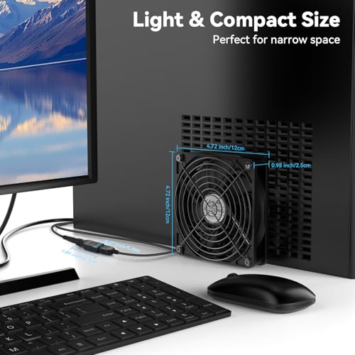 Image of ELUTENG 120mm USB Computer Fan, 5V PC Cooling Fan with 3 Adjustable Speeds | DC to USB Adapter, Metal Grill Fan for Laptop, PS5 /PS4, TV Box, Router, AV Cabinet & Projector, Black