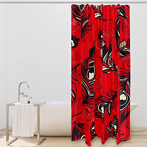 Rideaux de douche plumes rouges boho pour baignoire sans odeur