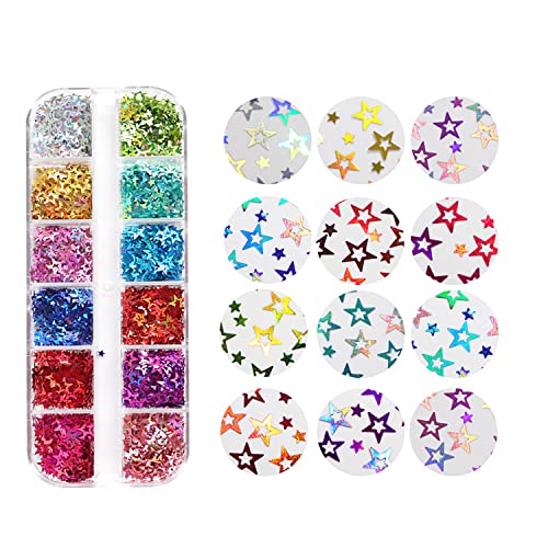 12 Colors Star Nail Art Glitter Sequins, 3D Five-Pointed Star Nail Flakes Designs, Holographic Laser Hollow Star Nail Art Supplies For Women Girls Manicure Sparkle Decorations, Diy Body Makeup Crafts #TOP5